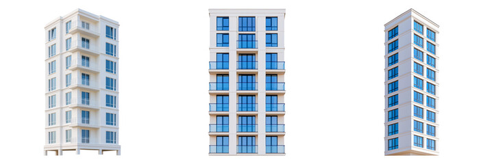 Three modern apartment buildings featuring contemporary designs and large windows, set against a black background.