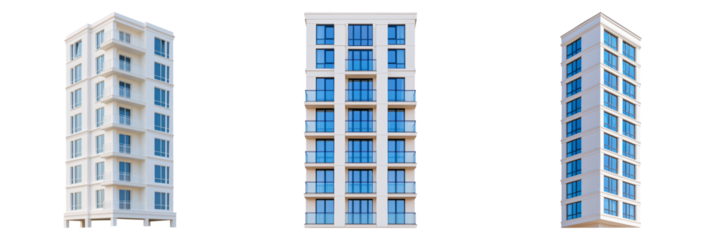 Three modern apartment buildings featuring contemporary designs and large windows, set against a black background.