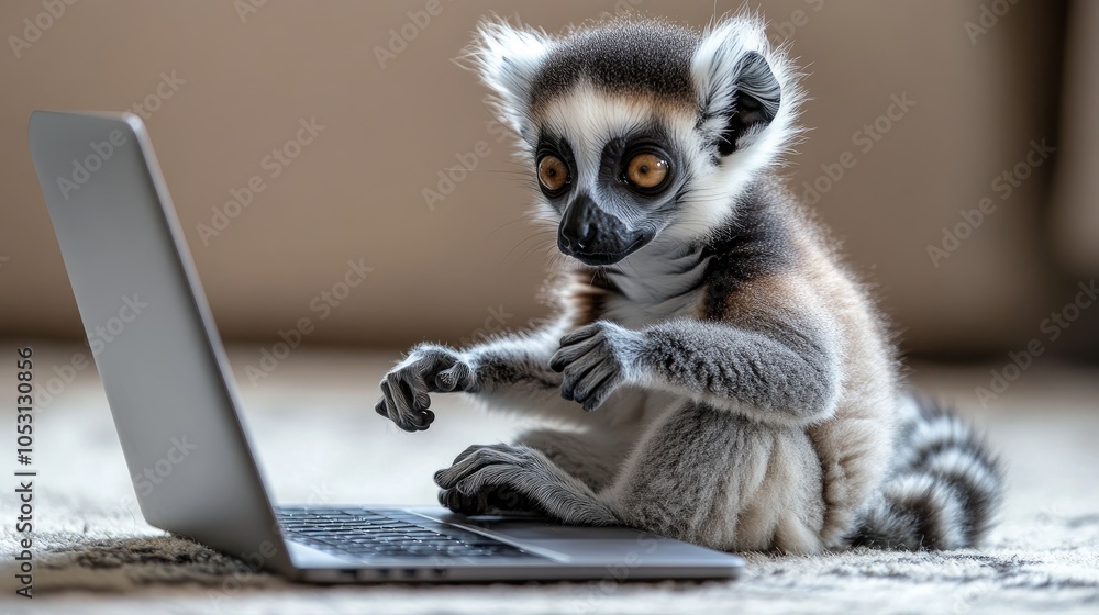Poster a lemur sits in front of an open laptop computer, using its paws to type on the keyboard.