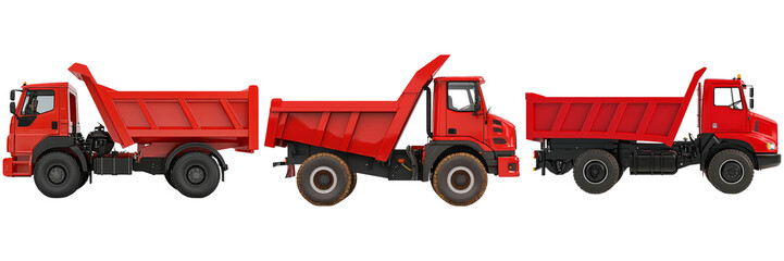 Three bright red dump trucks lined up, showcasing various angles and open beds, set against a plain black background.