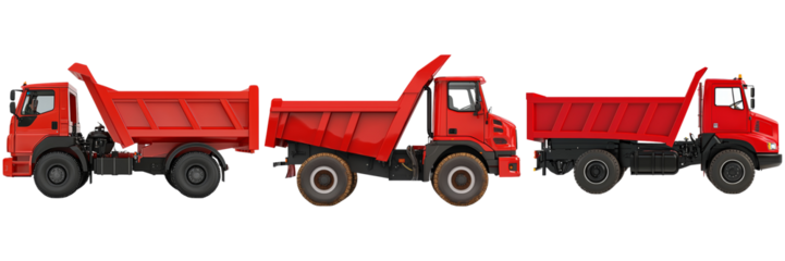 Three bright red dump trucks lined up, showcasing various angles and open beds, set against a plain black background.