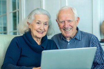 Happy Senior Couple Smiling Together While Using a Laptop at Home