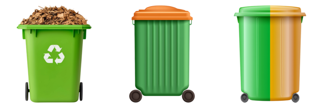 Three colorful bins display different waste types: recycling, general waste, and compost, promoting effective waste management practices.