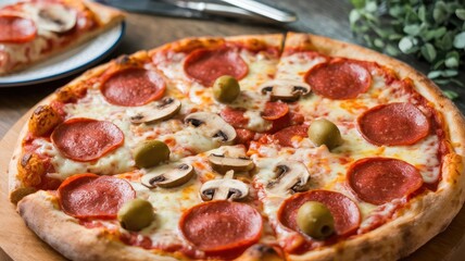 Delicious pizza with pepperoni, mushrooms, and olives resting on wooden board