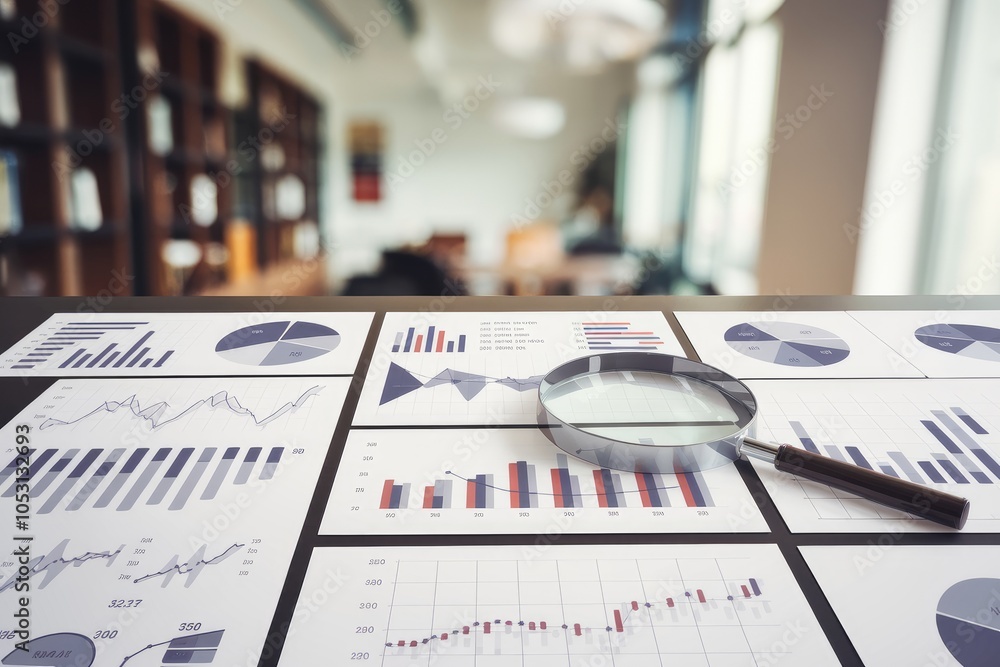 Poster magnifying glass analyzing statistical business charts on desk in office