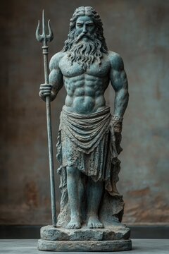 Majestic poseidon statue holding trident, god of the sea