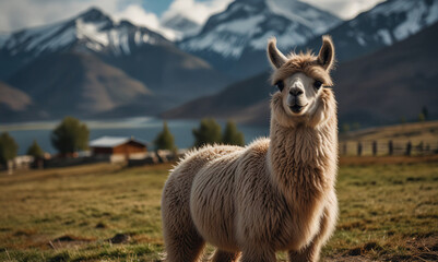 Obraz premium Charming Alpaca Standing Proudly in a Scenic Mountain Landscape