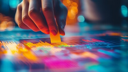 Naklejka premium Hand pressing a sticky note onto a printed data sheet with colorful graphs, detailed shot of hand movement and chart lines, realistic lighting illuminating the colors, professional office ambiance.