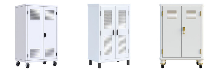 Three white storage lockers arranged side by side against a black background, showcasing different designs and door configurations.