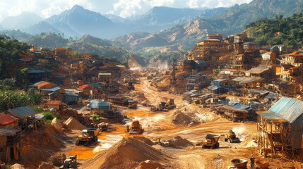 Fototapeta premium A mining site with machinery in a mountainous landscape.
