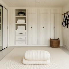 A Cozy Minimalist Space with Neatly Organized Storage and Soft Textiles for Relaxation