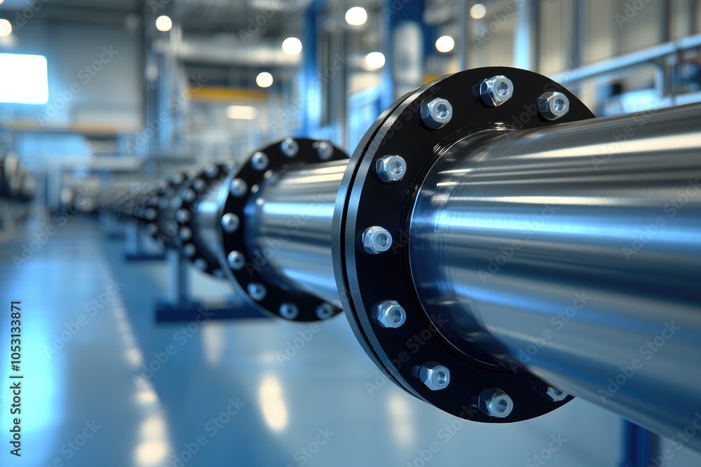 Poster industrial pipeline system connecting metal pipes with flanges and bolts in modern factory