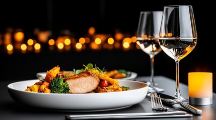 Formal business dinner with elegant silverware, wine glasses, and gourmet dishes on a large dining table, complemented by soft candlelight for an intimate, high-end atmosphere