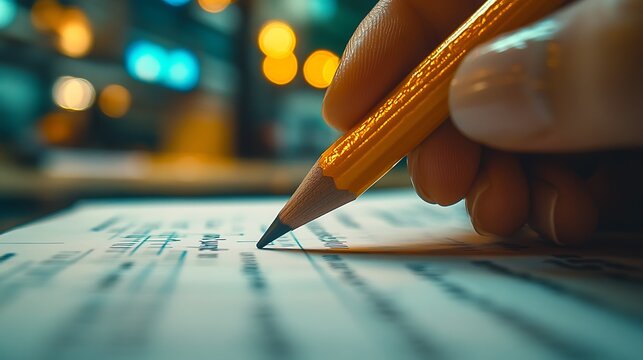 Hand with a pencil sketching financial trends on a printed chart, clear focus on pencil tip and growth data, soft natural light, minimalistic office background with a slight blur. --ar 16:9