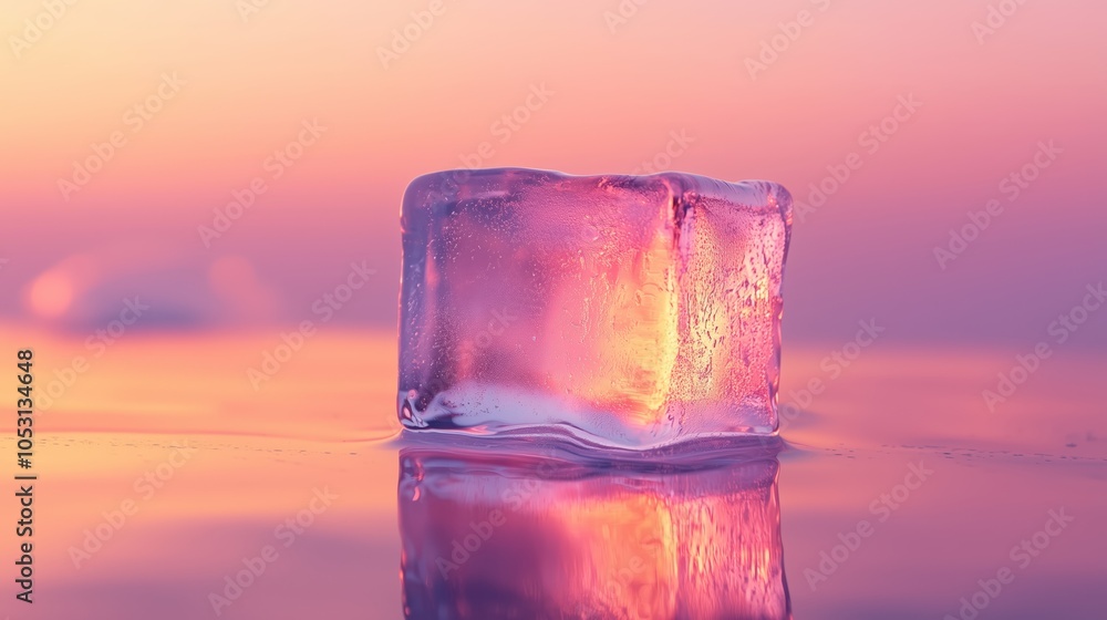 Poster melting ice cube on smooth surface with colorful background