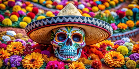 Fototapeta premium A colorful sugar skull adorned with flowers and intricate patterns celebrates Day of the Dead, showcasing vibrant decor and rich Mexican cultural heritage in a festive atmosphere.