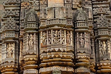 Carvings of Goddess Chamunda on the Toteshwara Mahadev Temple, part of the Kadwaya Group of Temples, located in Ashoknagar, Madhya Pradesh, India.