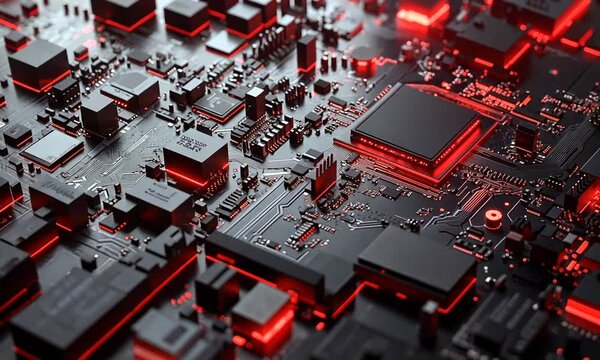 Circuit Board with Glowing Red Lines