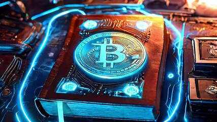 A golden Bitcoin coin rests on a brown book with a glowing blue ring around it. - Powered by Adobe