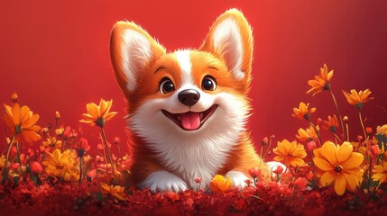 Obraz premium A cute cartoon corgi puppy with big eyes and a happy expression sits in a field of yellow flowers on a red background.