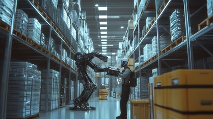 Naklejka premium Robotic Exoskeleton Assisting Worker in High Tech Warehouse Advanced Machinery and Gleaming Aesthetics
