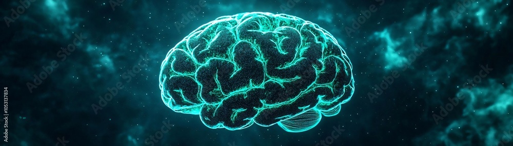 Poster digital representation of a brain, showcasing neural connections and glowing patterns on a cosmic ba