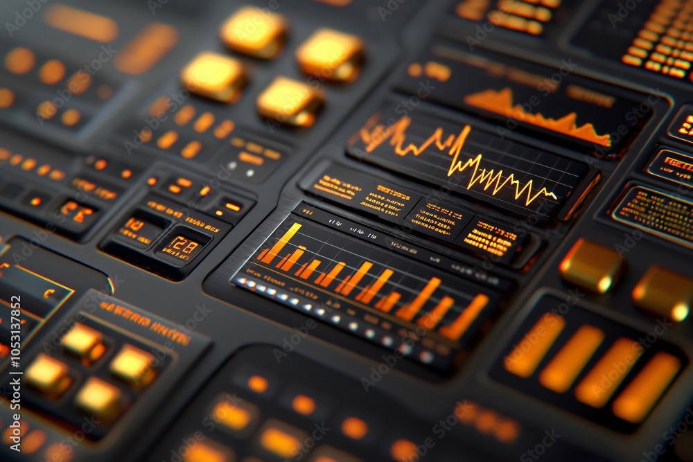 Poster futuristic digital interface with graphs, buttons, and switches in vibrant orange and black tones. i