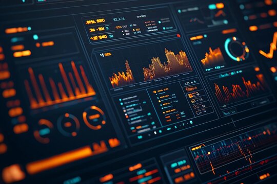 Detailed view of a futuristic data dashboard displaying vibrant graphs and analytics for data visualization.
