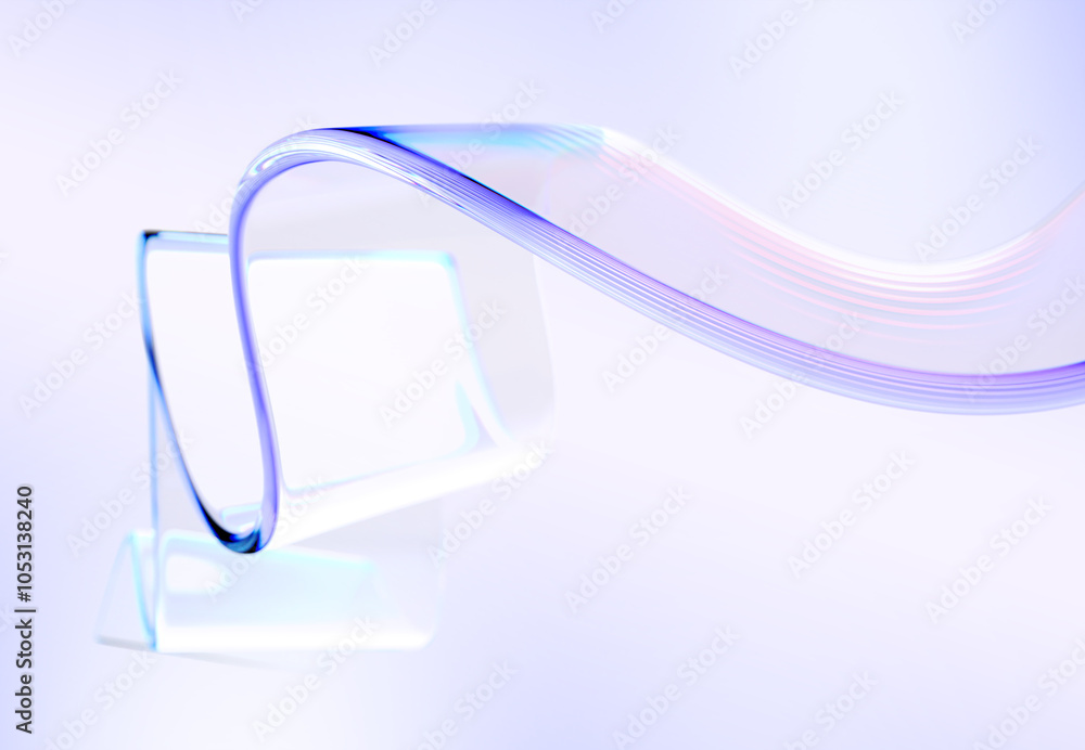 Poster 3d abstract liquid glass transparent clear ribbon chromatic fold wave line render. rainbow fluid flo