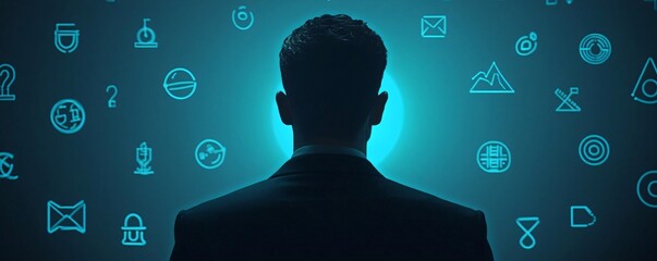 Silhouette of a businessman contemplating various digital icons, symbolizing innovation and technology in a modern world.