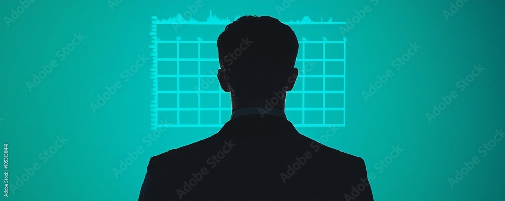 Poster silhouette of a professional looking at a digital graph, symbolizing analysis and decision-making in