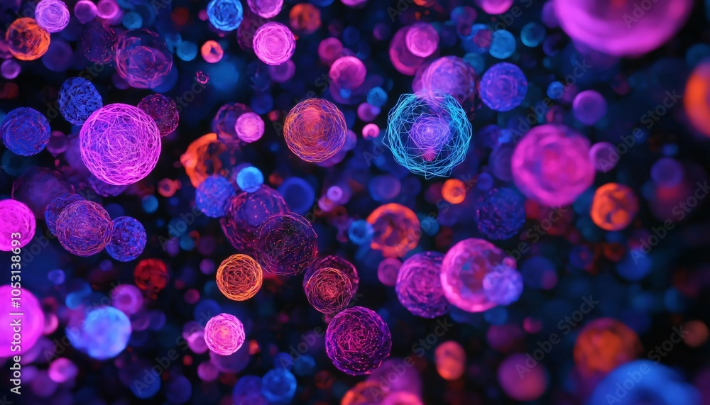 Poster vibrant abstract spheres glowing in a dark background, creating a mesmerizing visual display ideal f