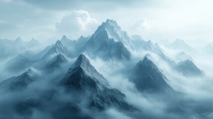 Obraz premium Serene mountain landscape shrouded in mist and clouds.