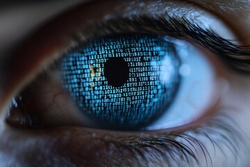 A close-up of an eye with a digital binary code pattern, symbolizing technology, innovation, and the fusion of humanity with digital data.