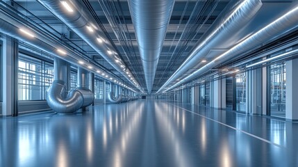 Obraz premium Industrial interior with metallic ducts and polished flooring.