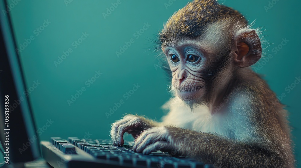 Poster a curious monkey sits at a computer keyboard, its small fingers typing away.