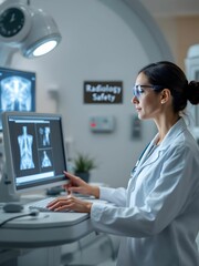 Female Doctor in Protective Gear Working,  Reading the test results in the Radiology Room with sign Radiology Safety.