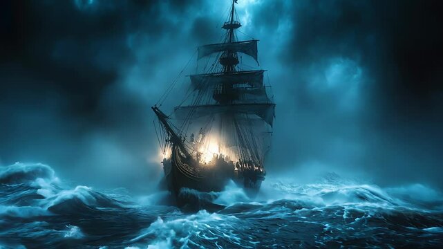 A pirate ship sails through stormy seas engulfed in flames, generative ai