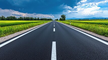 Fototapeta premium A photostock of an empty highway stretching into the horizon under dramatic skies.