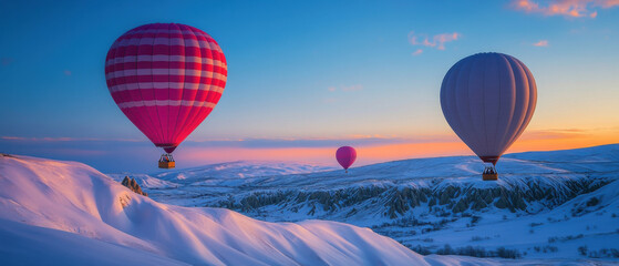 Obraz premium Balloons float gracefully above snow covered hills at dawn, creating serene and picturesque scene. crisp morning air enhances beauty of landscape, inviting tranquility