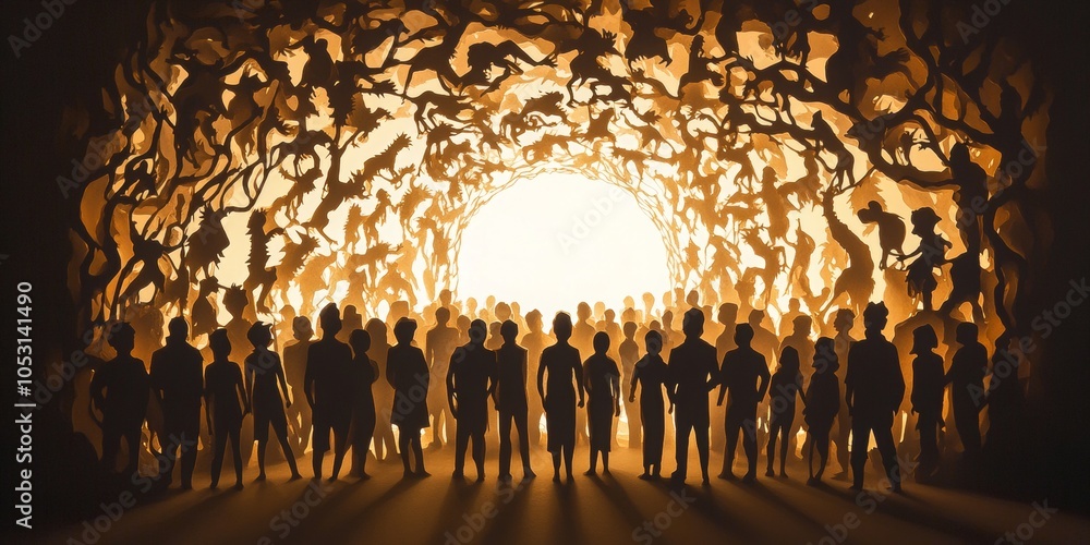 Aufkleber diverse silhouette crowd, an intricate paper cut design capturing unity and diversity in a dynamic a
