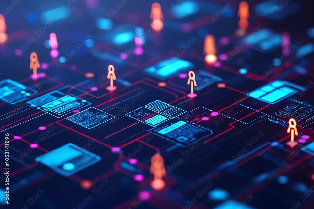 Poster a vibrant digital network showcasing interconnected elements and data points. ideal for technology a