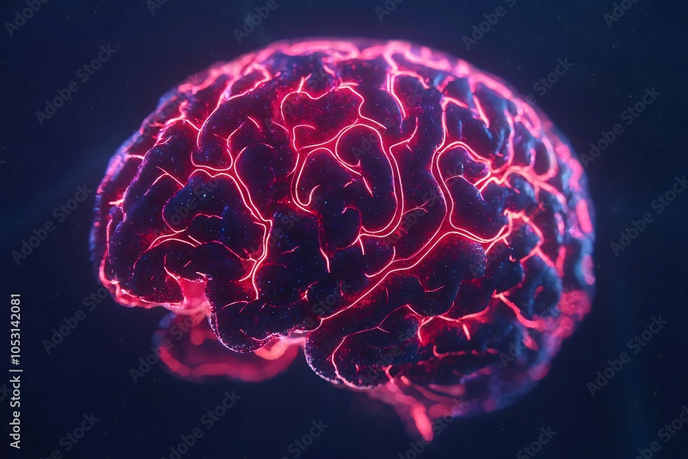 Poster a vibrant visualization of a brain, showcasing intricate neural pathways illuminated in stunning neo