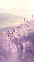 Fototapeta premium Depict soft layers of mountains with glowing lavender flowers close-up