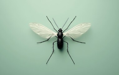 Detailed mosquito in a stationary position, visible body parts and wings, isolated on a soft green background, ideal for poster use with room for text,