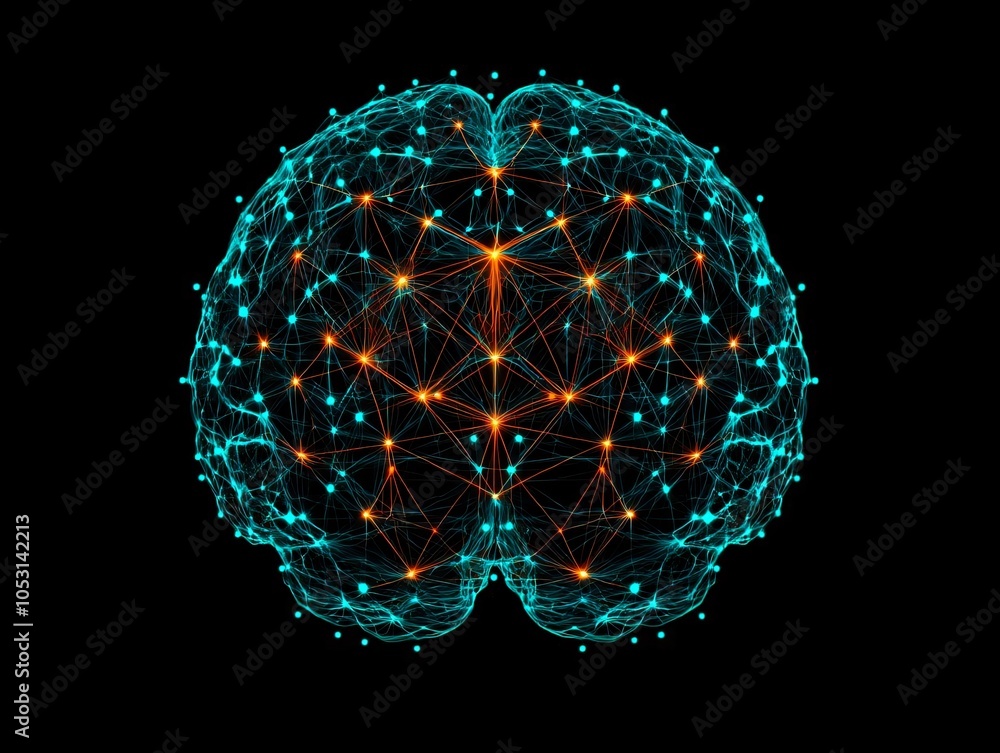 Poster abstract representation of a brain with interconnected nodes and neural pathways, showcasing the com