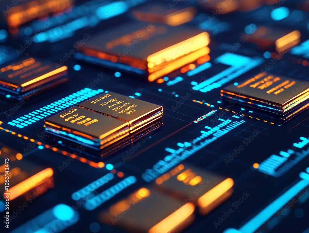 Poster close-up of a futuristic circuit board with glowing processors, showcasing advanced technology and i