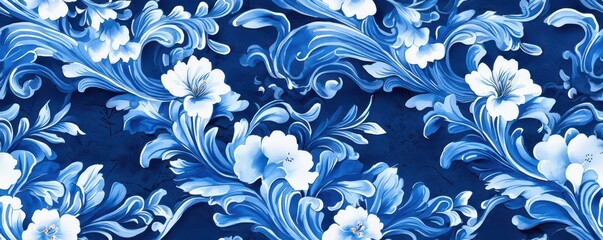Intricate Deep Blue Watercolor Chinese Wave Pattern Tile Art with Elegant Lines