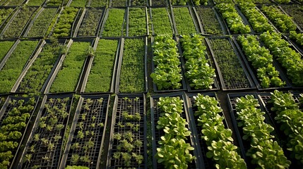 Aerial view of lush green plants arranged in neat rows on a farm, showcasing agricultural growth and sustainable farming practices.