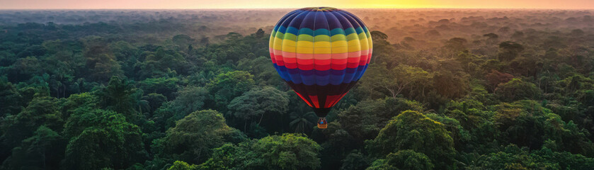 Obraz premium vibrant hot air balloon floats gracefully over dense jungle, showcasing stunning view of lush greenery and beautiful sunrise. scene evokes sense of adventure and tranquility
